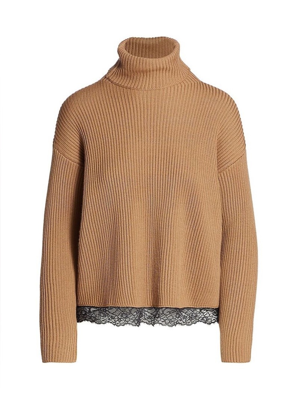 RED Valentino Wool Camel Ribbed Knit Lace-Hem Turtleneck Sweater Size XS